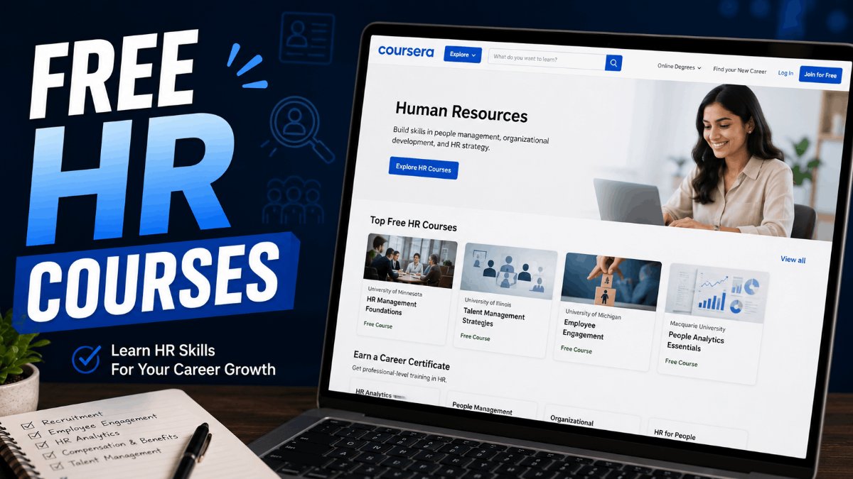 Laptop showing an online human resources course with a completion certificate.