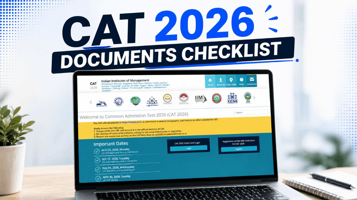 A laptop showing the CAT 2026 upload page beside a photo, a signed sheet and a certificate.