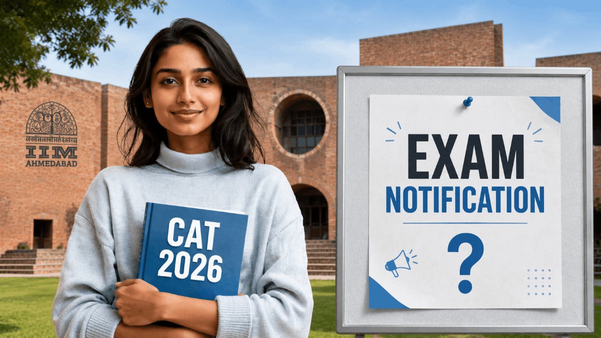 A calendar marking the expected CAT 2026 notification and exam dates next to a laptop showing the CAT registration site.