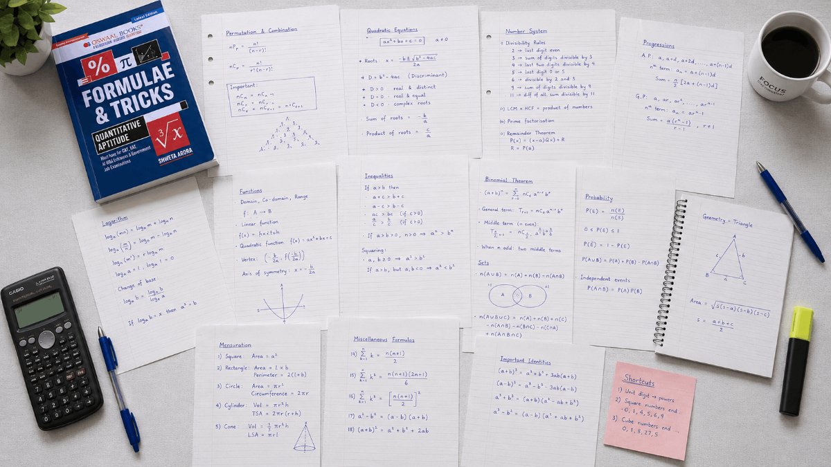 A handwritten CAT Quant formula book open to a chapter page with highlighted formulas.