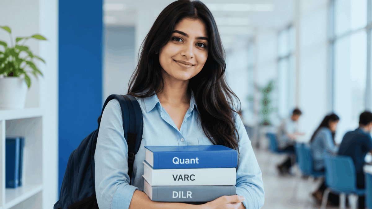 A woman holding books for CAT 2026 syllabus for VARC, DILR and Quant