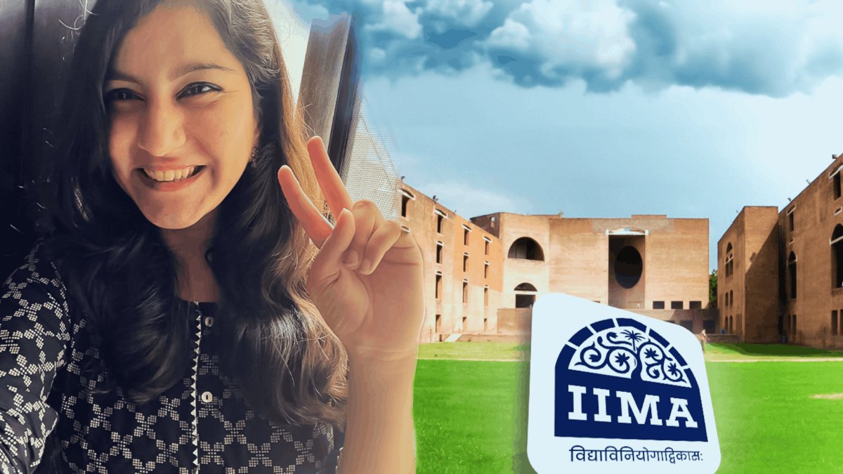 Shweta Arora in front of IIM Ahmedabad Campus with IIMA logo