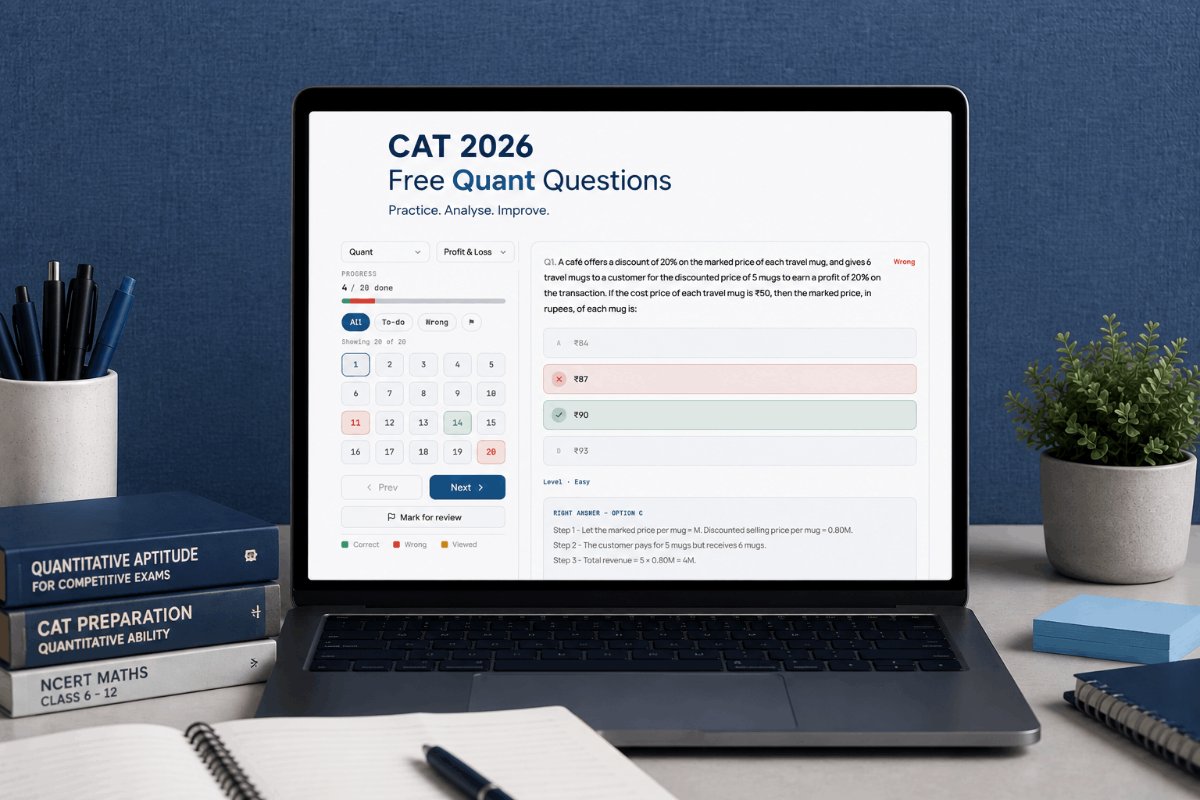 A student practising CAT quantitative aptitude on a laptop with a maths problem and solution on screen.