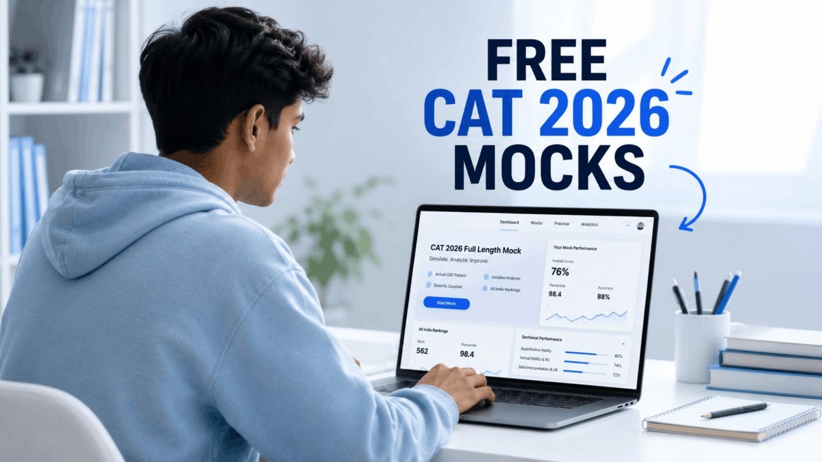 A CAT aspirant analysing a mock test score sheet on a laptop, with section-wise results on screen.