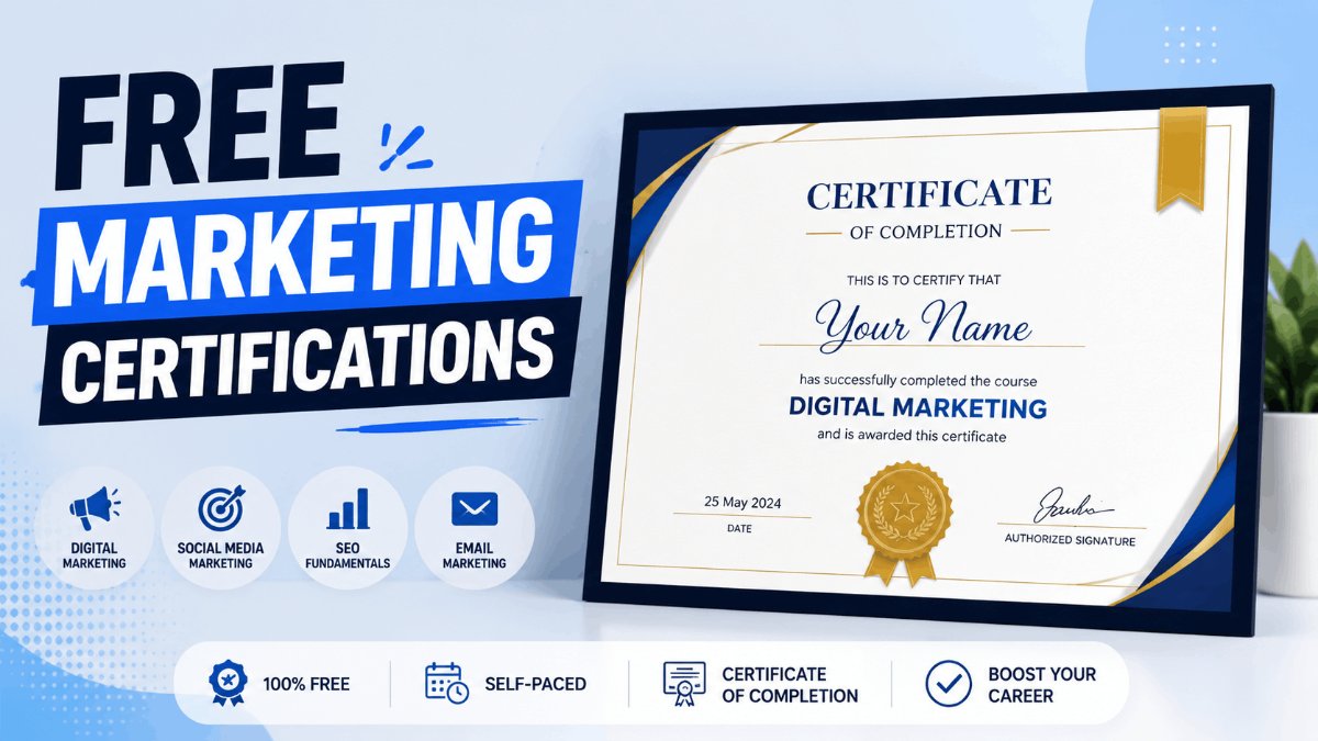 Laptop showing an online digital marketing course with a completion certificate.