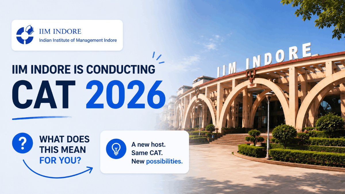 The IIM Indore campus with a CAT 2026 exam date shown on a laptop.