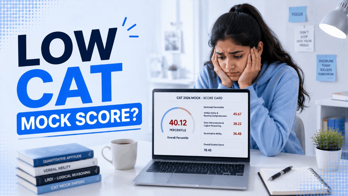 A stressed CAT aspirant looking at a low mock test score on a laptop.