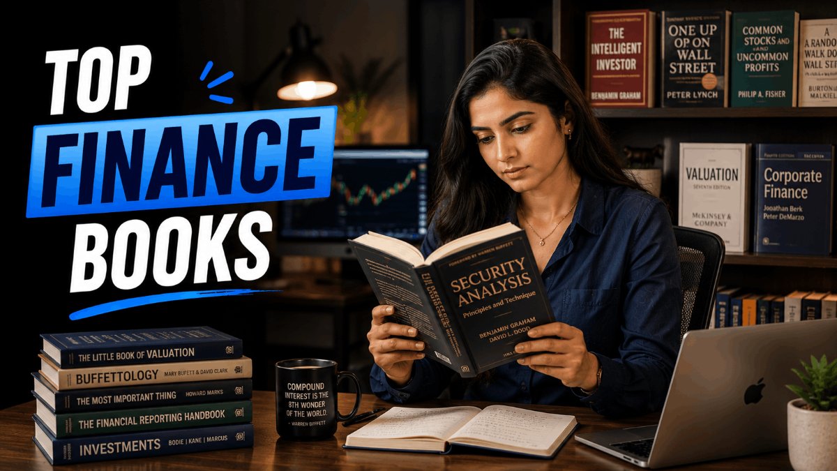 A shelf of finance and business books beside a cup of coffee.