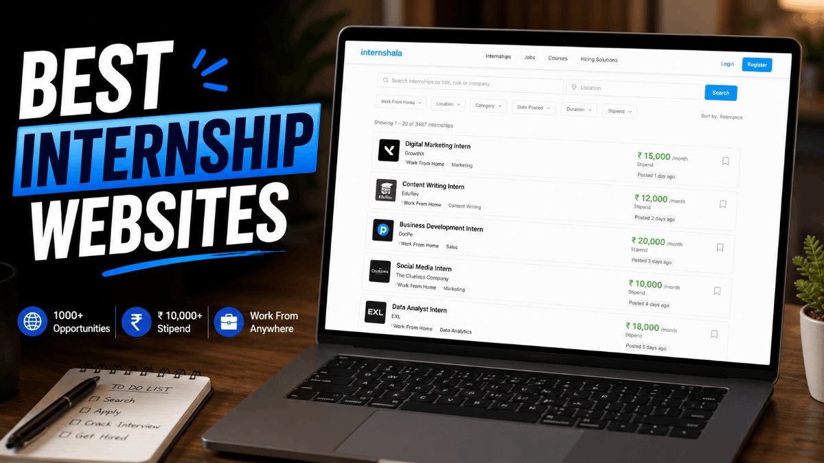 College student searching for internships on a laptop with job listings on screen.