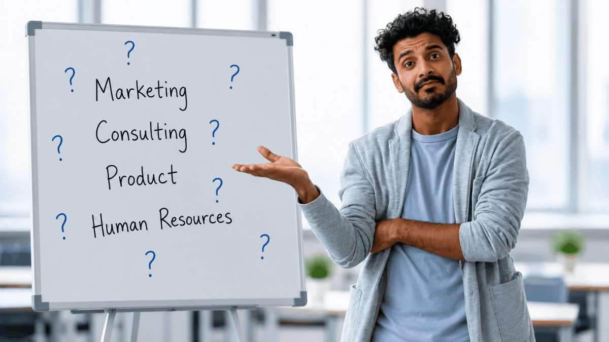 An MBA student comparing functions like consulting, finance, marketing and HR to pick a specialization.
