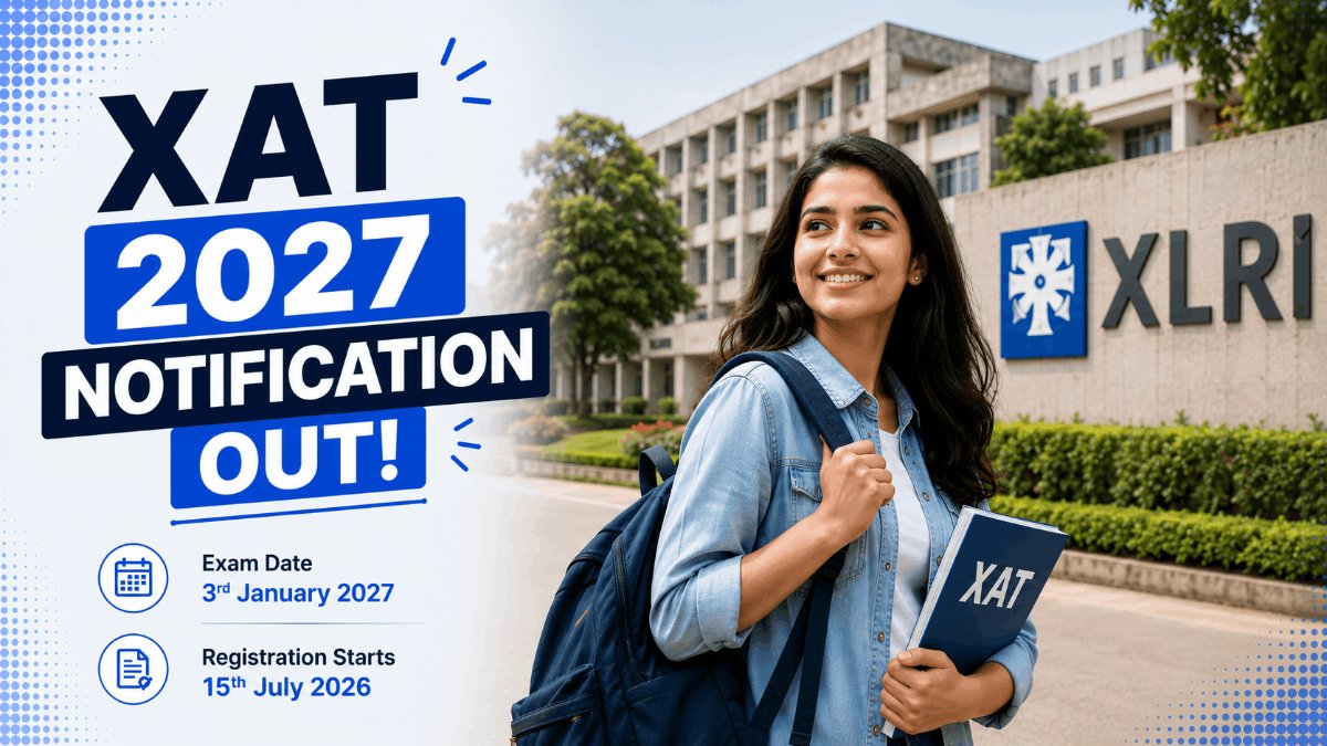 A calendar page showing the XAT 2027 exam date of 3 January 2027 beside a laptop with the XAT registration form open.