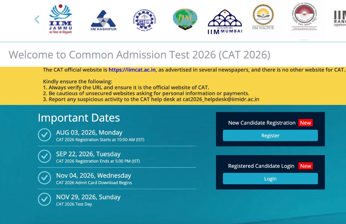 Notice card showing the revised CAT 2026 registration deadline of 22 September 2026 at 5 PM against the original 15 September date.